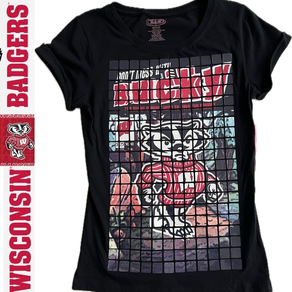 🦡🌹NEW Mosaic Tile Wisconsin Badgers Cuffed Sleeve T-Shirt | S/M Fitted | Rare - Picture 7 of 17